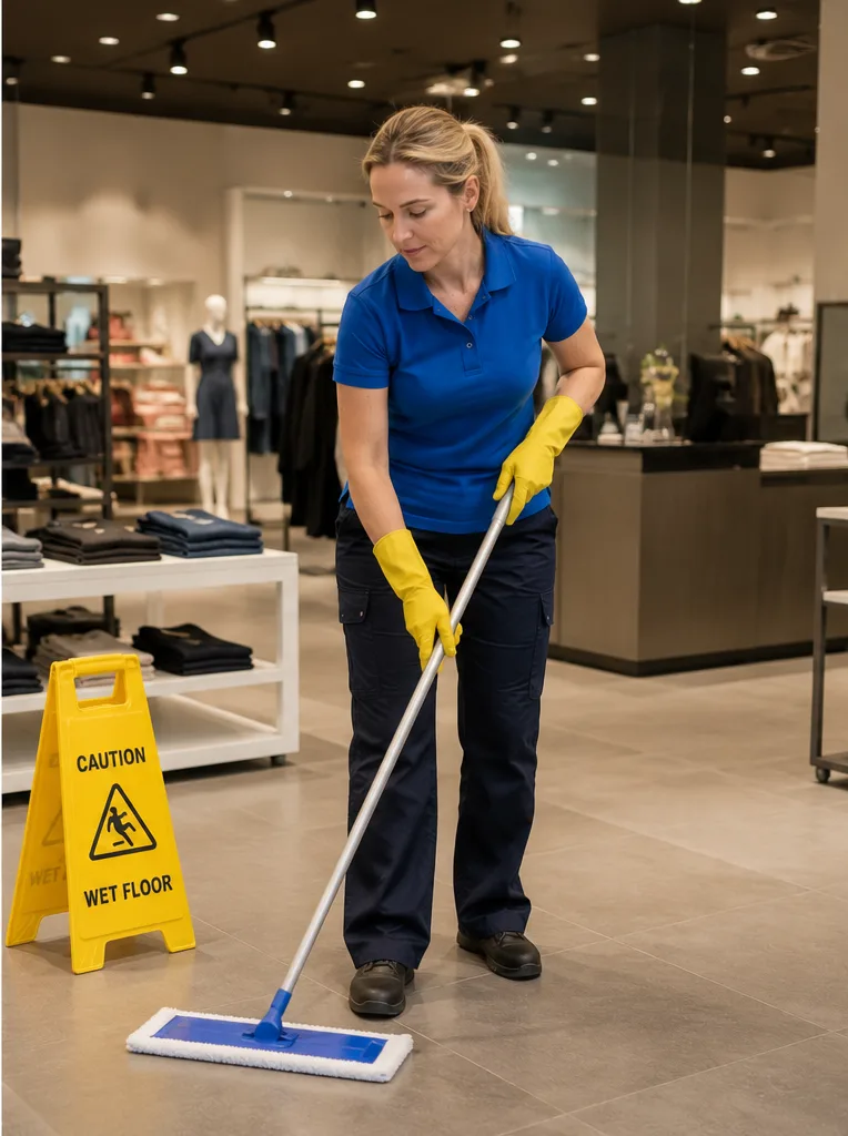 Cleaner wiping a commercial surface in a bright business interior.