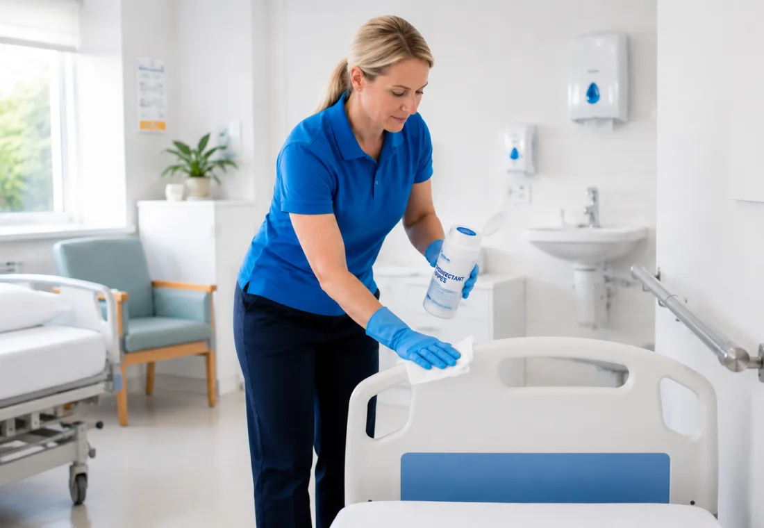 Cleaning staff preparing beds inside a healthcare facility.