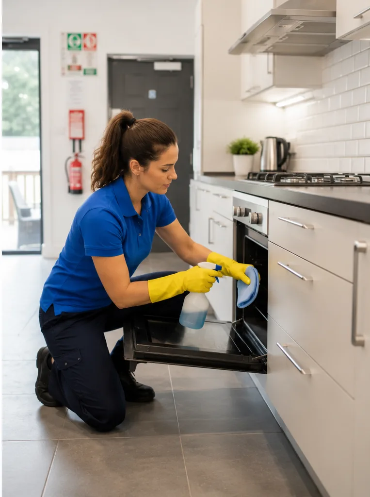 Cleaner refreshing soft furnishings inside managed guest accommodation.